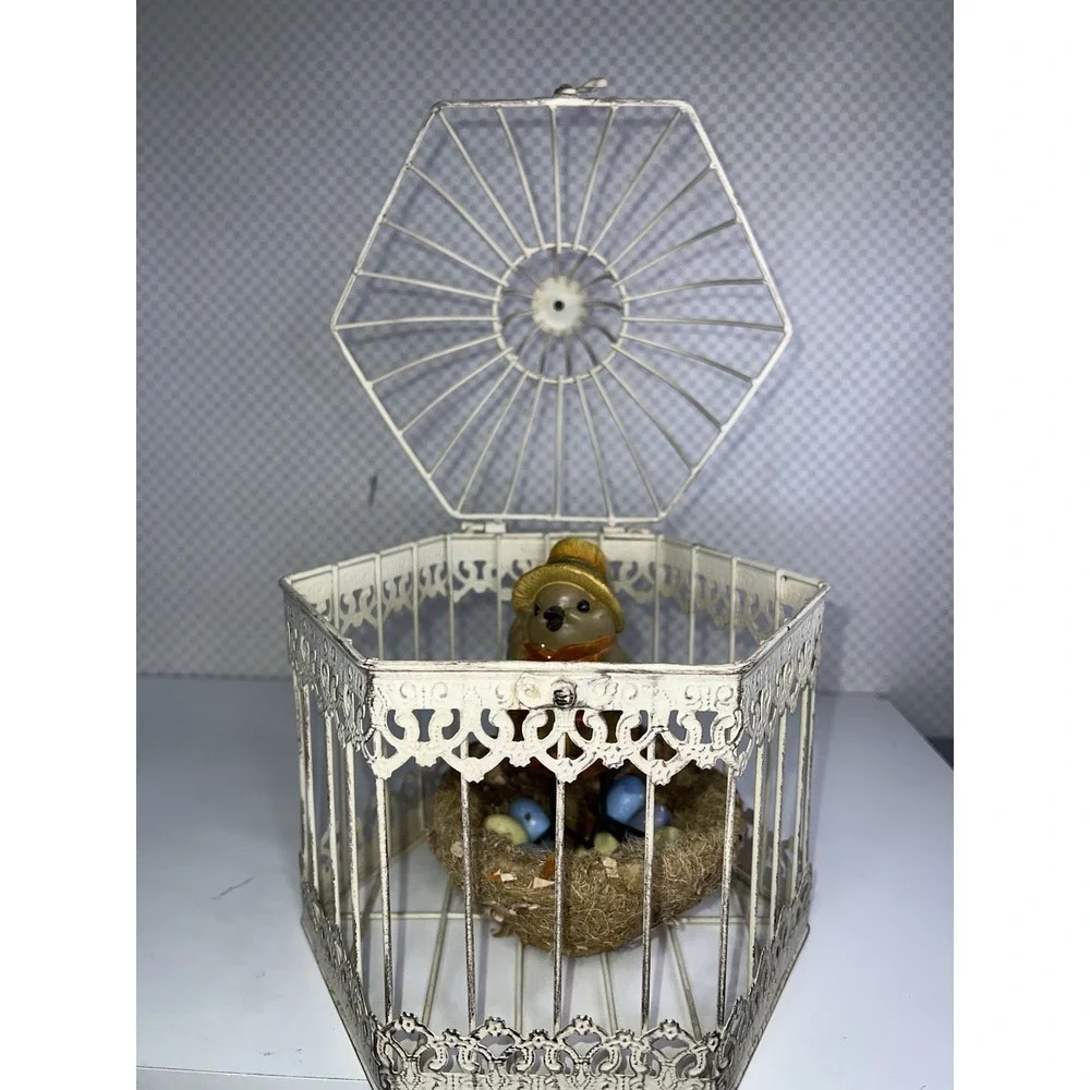 Bird‎ Cage Vintage Cream Color Metal Shabby Chic Cottage Hinge Clasp Lift Top